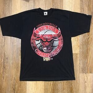 Vtg Starter Chicago Bulls NBA Champions T-Shirt L Double Sided Black 1998 Jordan